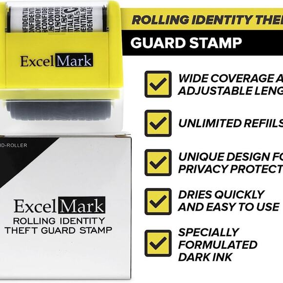 ExcelMark Rolling Identity Theft Guard Stamp & Refill Ink Pack Set - Picture 6 of 13